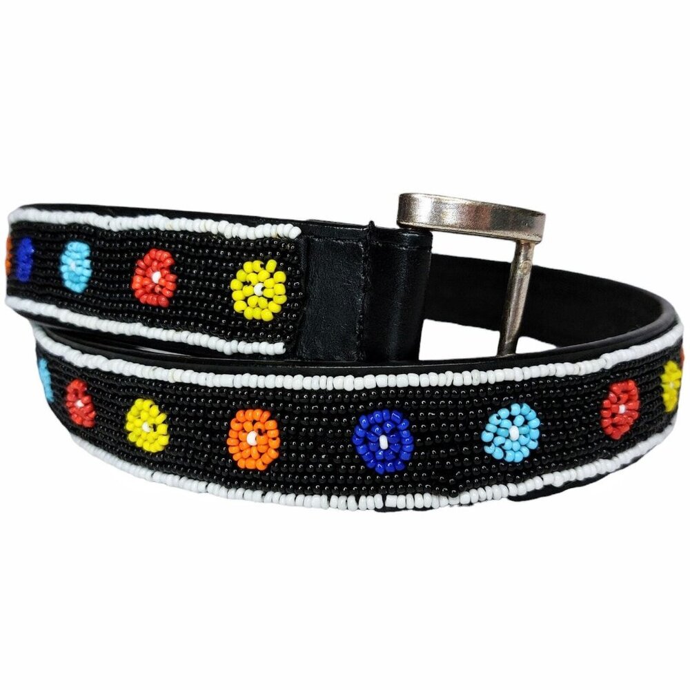 Chico's Seed Bead Black Leather Belt Women's Small Floral Bloom Hippie Boho